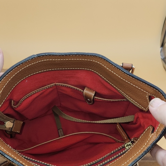 Dooney & Bourke Brown Leather Tote With Vibrant Red Lining & Key Fob - Picture 5 of 7